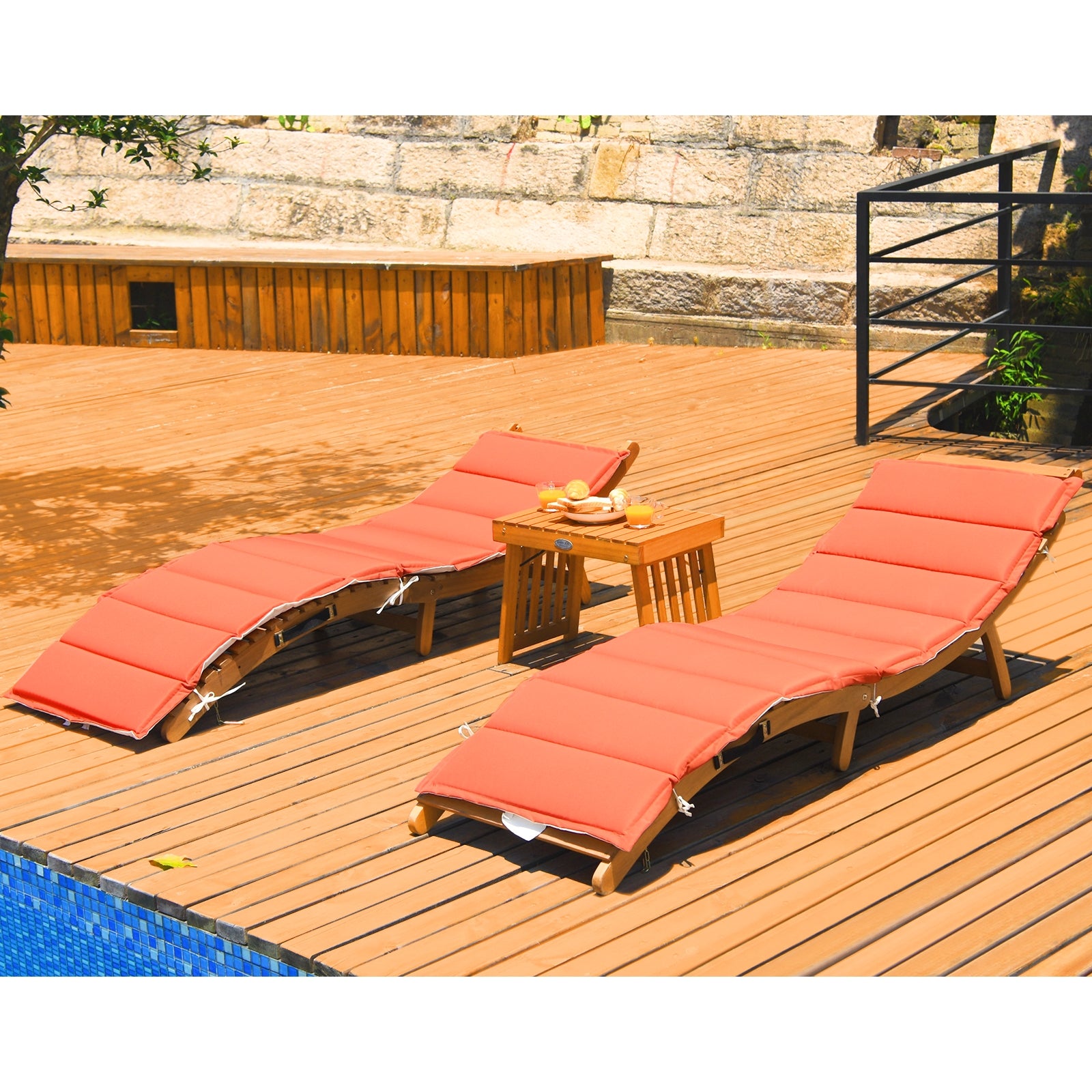 3 Pieces of Wooden Folding Patio Lounge Chair Table Set