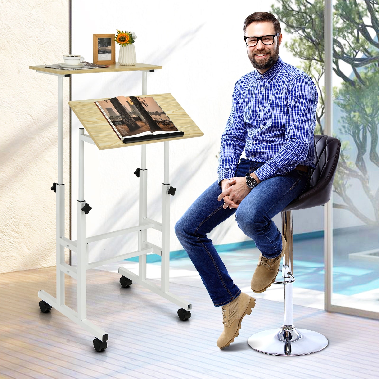 Height Adjustable Mobile Standing Desk with rolling wheels for office and home-Natural