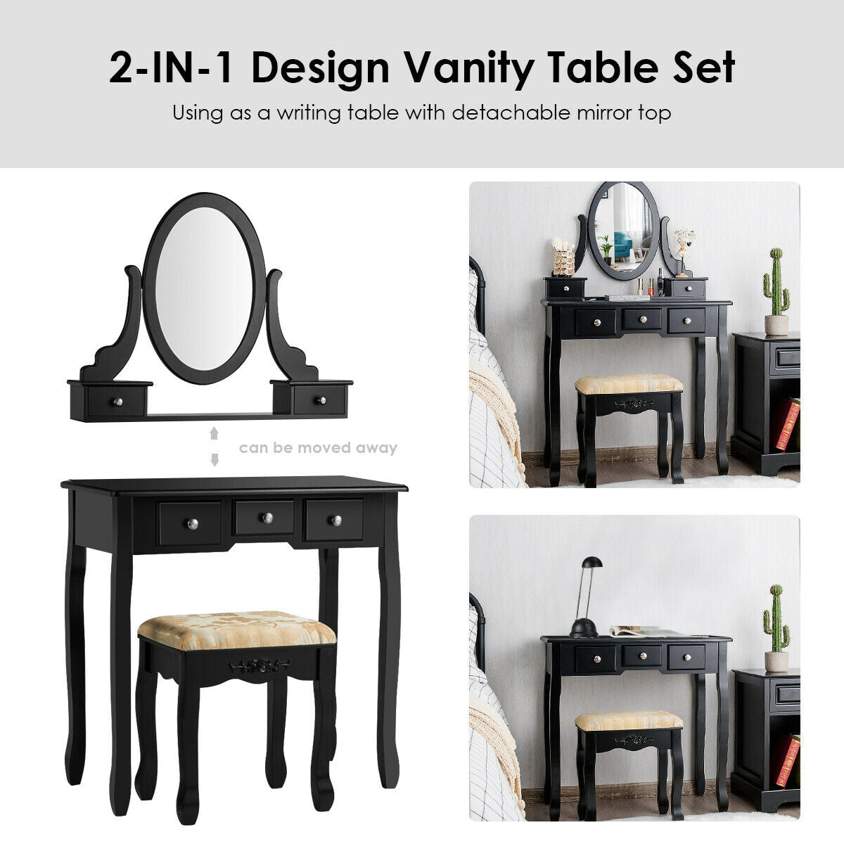 Vanity Make Up Table Set Dressing Table Set with 5 Drawers-Black