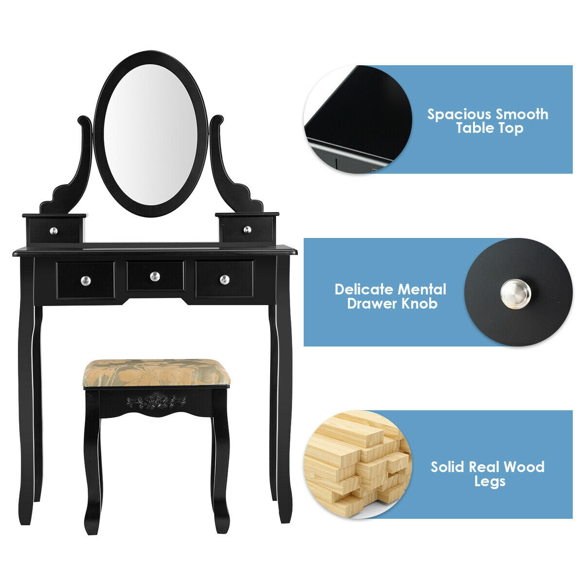 Vanity Make Up Table Set Dressing Table Set with 5 Drawers-Black