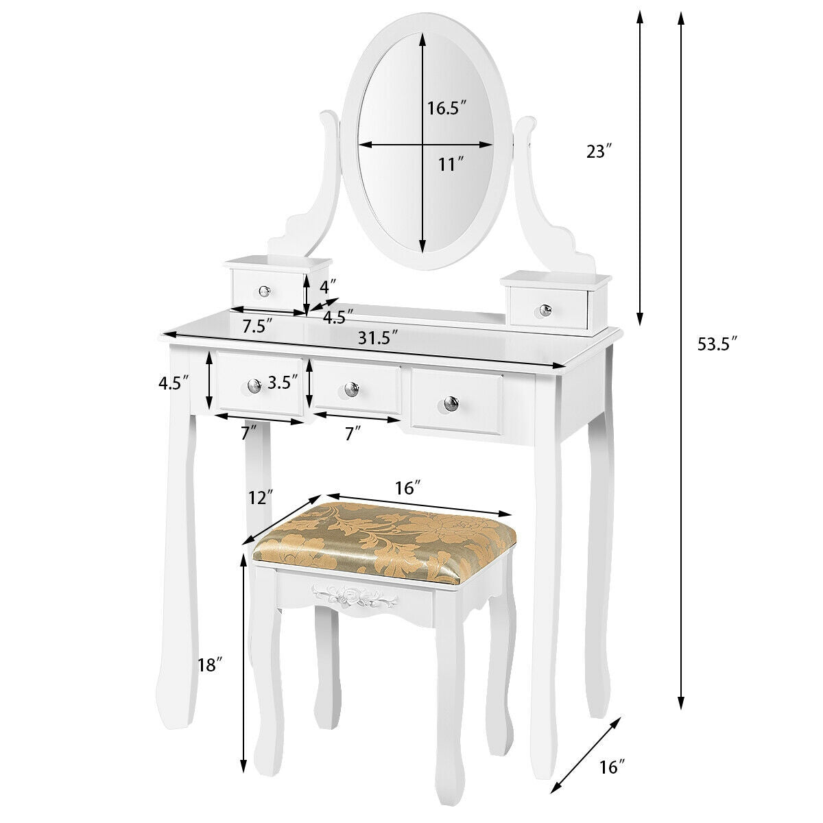 Vanity Make Up Table Set Dressing Table Set with 5 Drawers-White