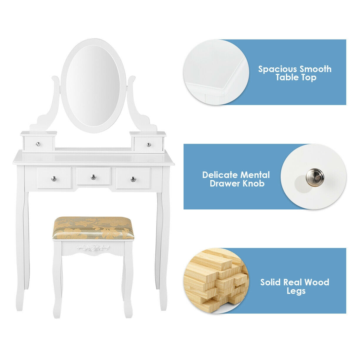 Vanity Make Up Table Set Dressing Table Set with 5 Drawers-White