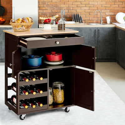 Kitchen Cart with Rubber Wood Top 3 Tier Wine Racks 2 Cabinets-BrownÂ 