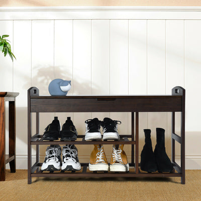 3-Tier Bamboo Shoe Bench Entryway Storage Rack-BlackÂ 