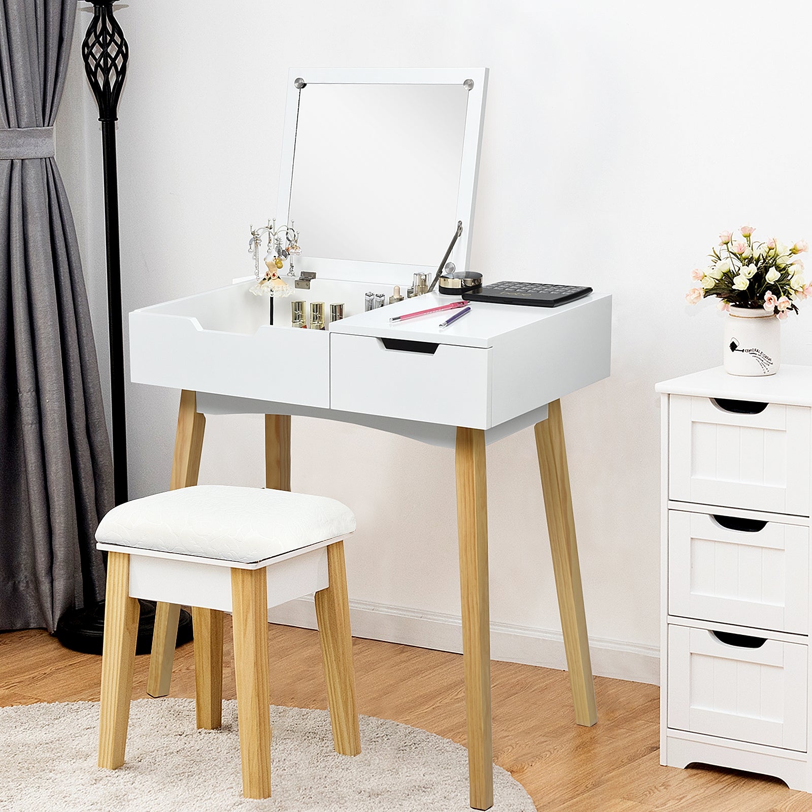 Wooden Vanity Table with Flip Top Mirror and Cushioned Stool