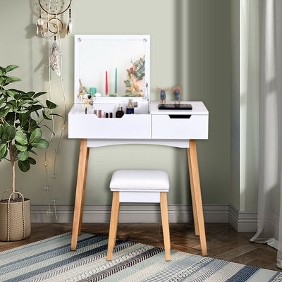 Wooden Vanity Table with Flip Top Mirror and Cushioned StoolÂ 