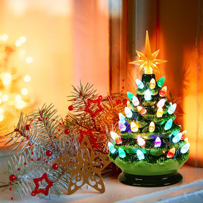 9.5 inch Prelit Hand-Painted Ceramic Battery Powered Christmas TreeÂ 