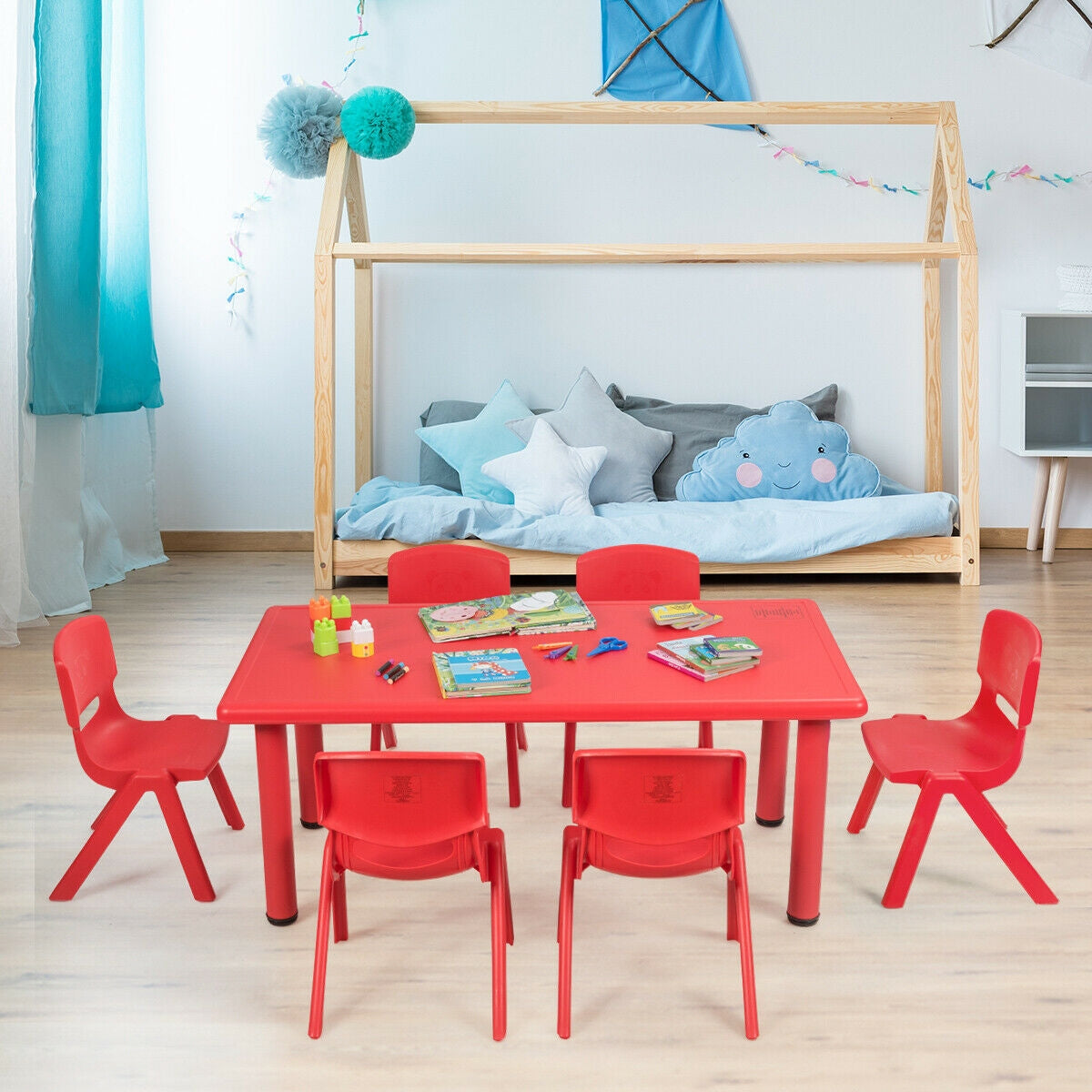 Kids Plastic Rectangular Learn and Play Table-Red