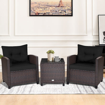 3 Pieces Cushioned Rattan Patio Conversation Set with Coffee Table-BlackÂ 