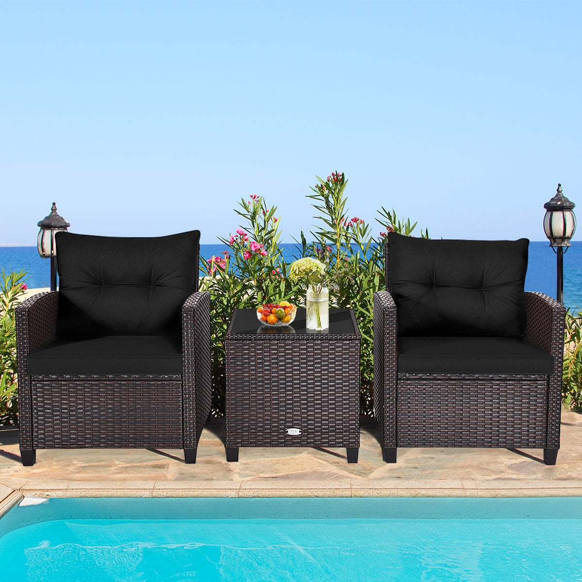 3 Pieces Cushioned Rattan Patio Conversation Set with Coffee Table-Black