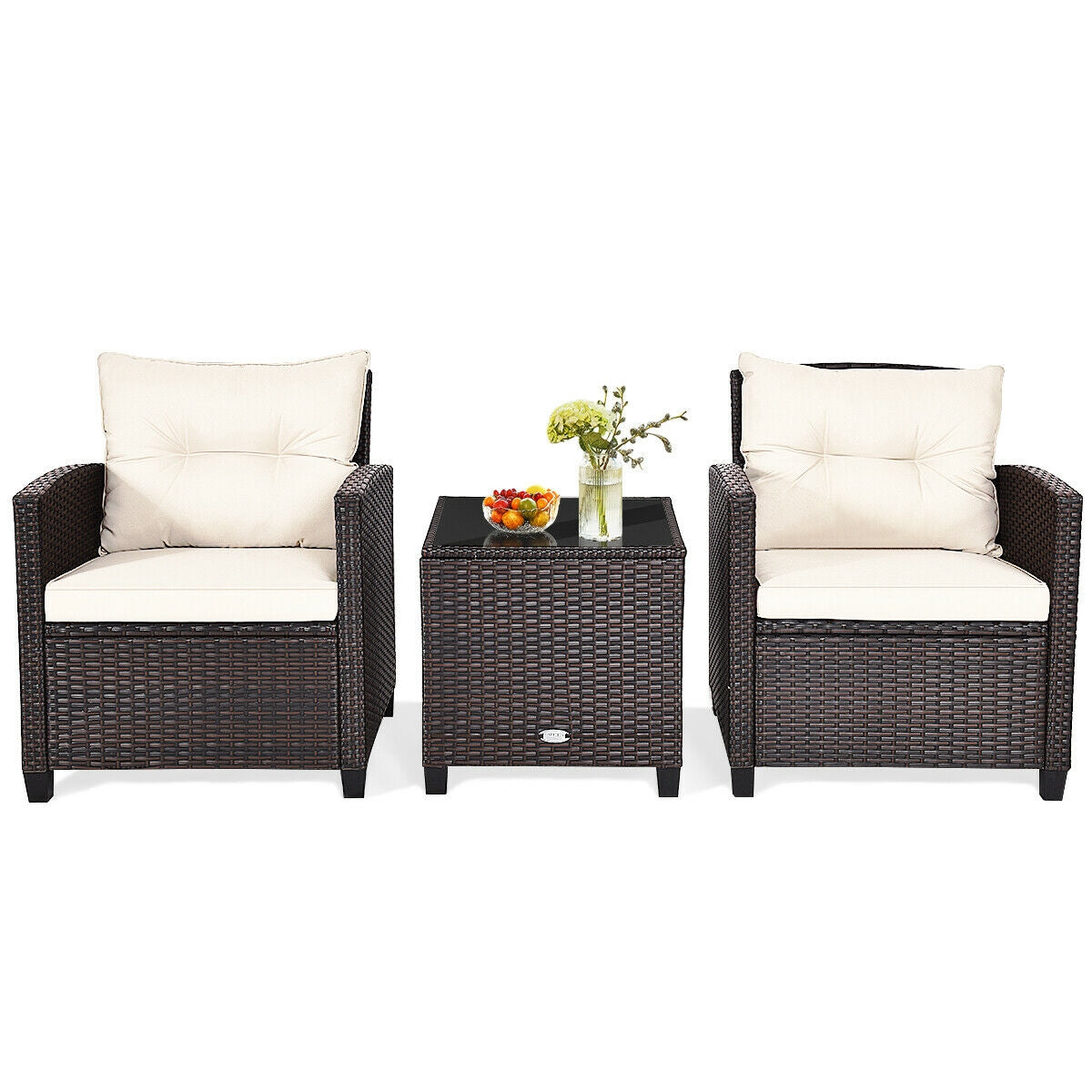 3 Pieces Cushioned Rattan Patio Conversation Set with Coffee Table-White