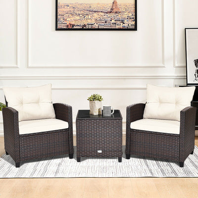 3 Pieces Cushioned Rattan Patio Conversation Set with Coffee Table-WhiteÂ 