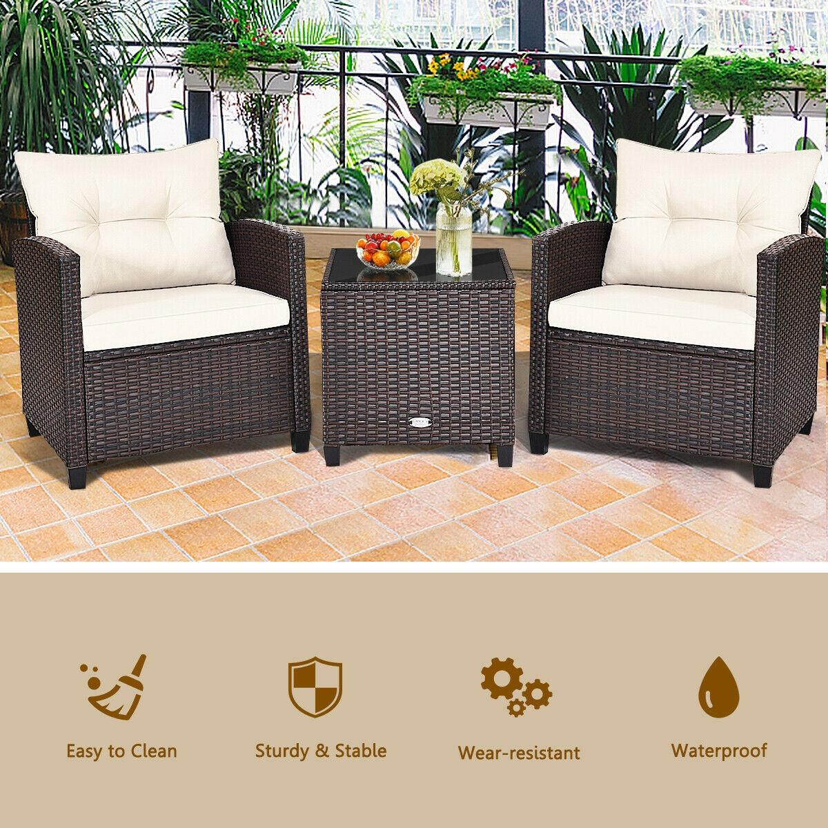 3 Pieces Cushioned Rattan Patio Conversation Set with Coffee Table-White