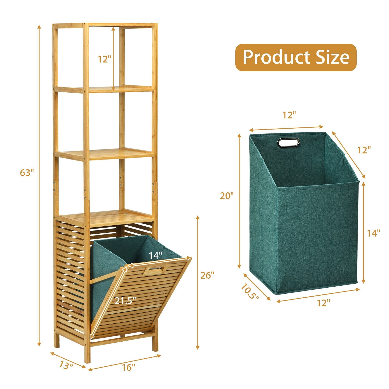 Bamboo Tower Hamper Organizer with 3-Tier Storage Shelves-Natural