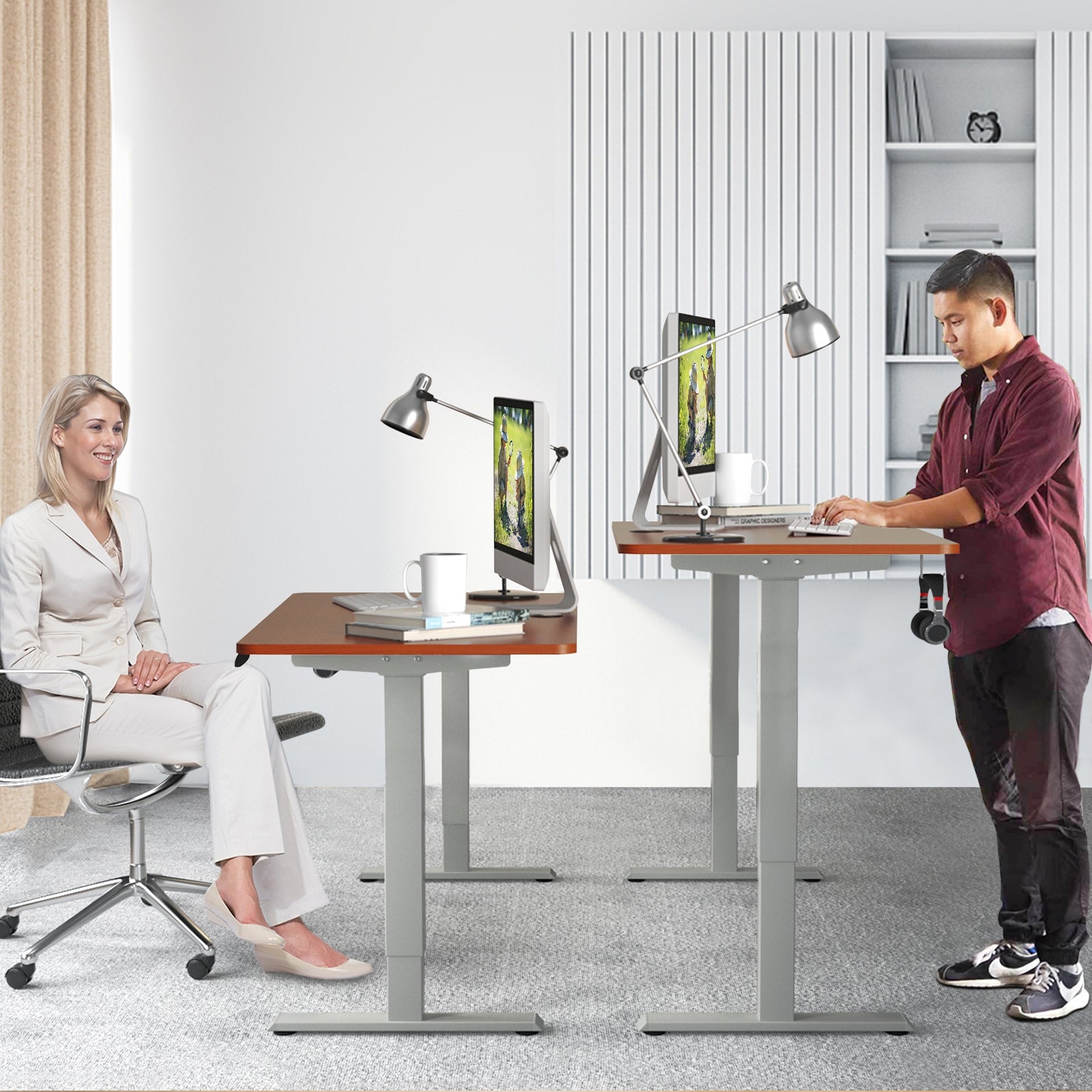 Electric Height Adjustable Standing Desk with Memory Controller-BrownÂ 