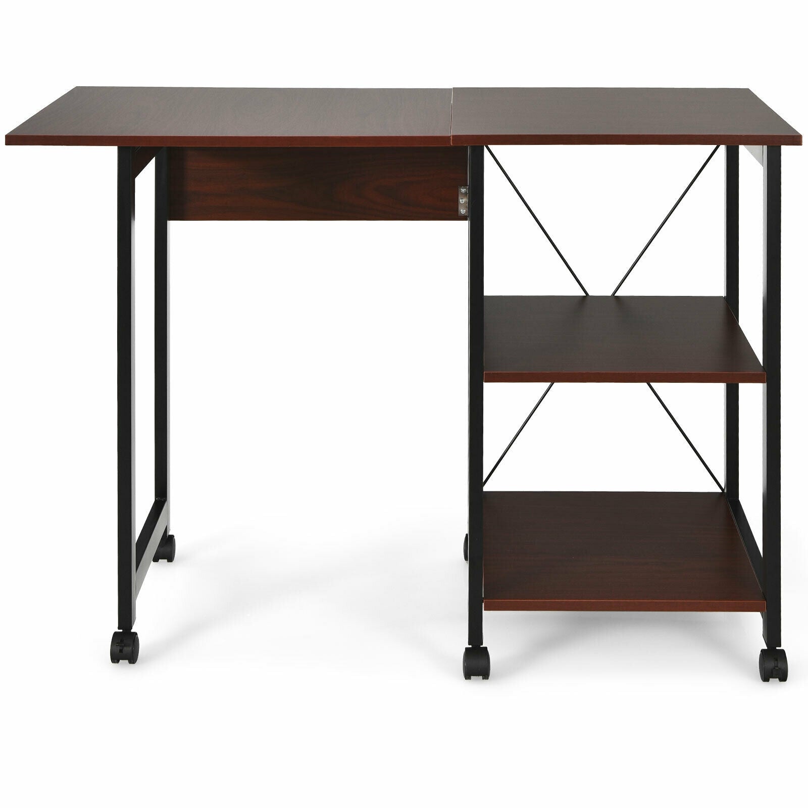 Rolling Folding Computer Desk with Storage Shelves