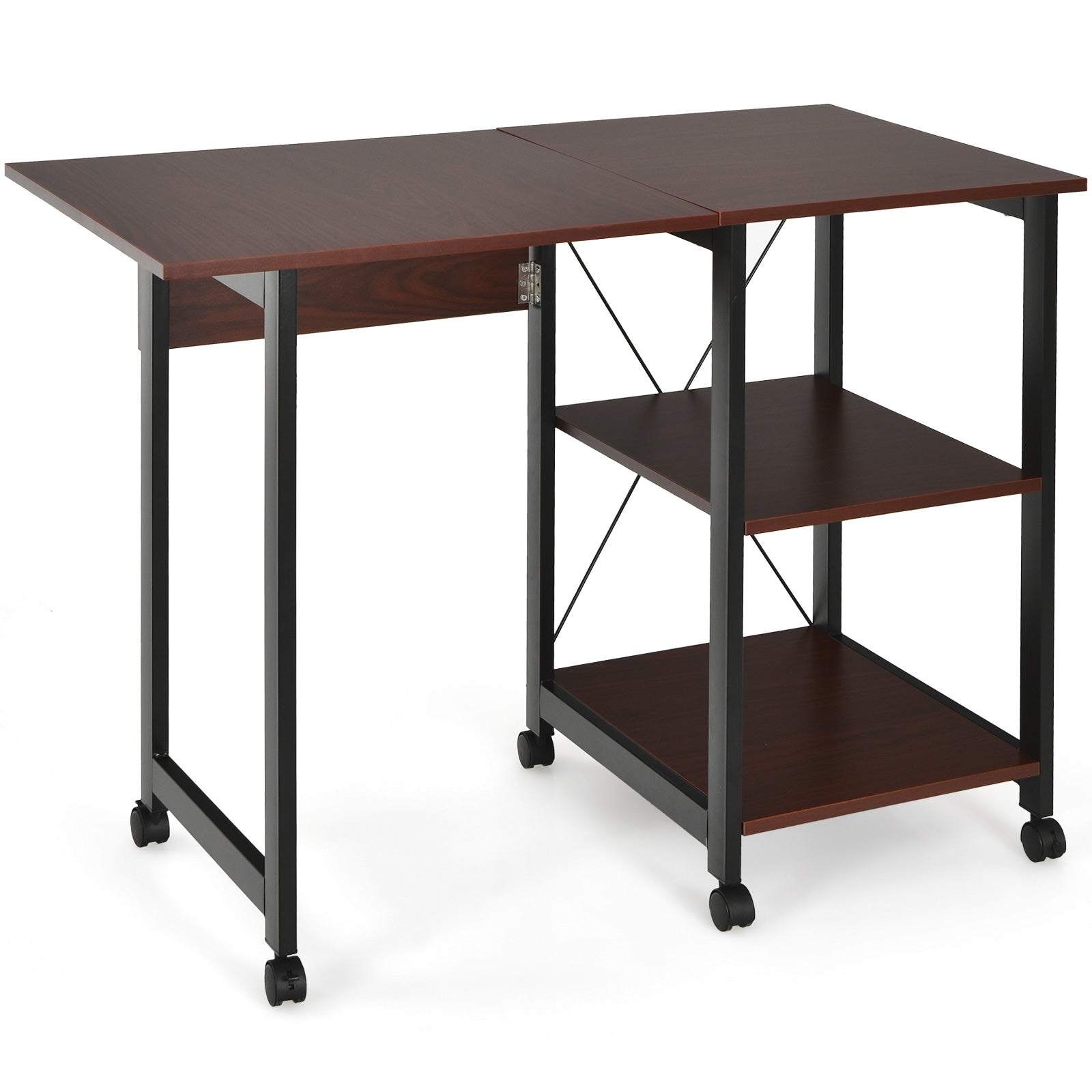 Rolling Folding Computer Desk with Storage Shelves