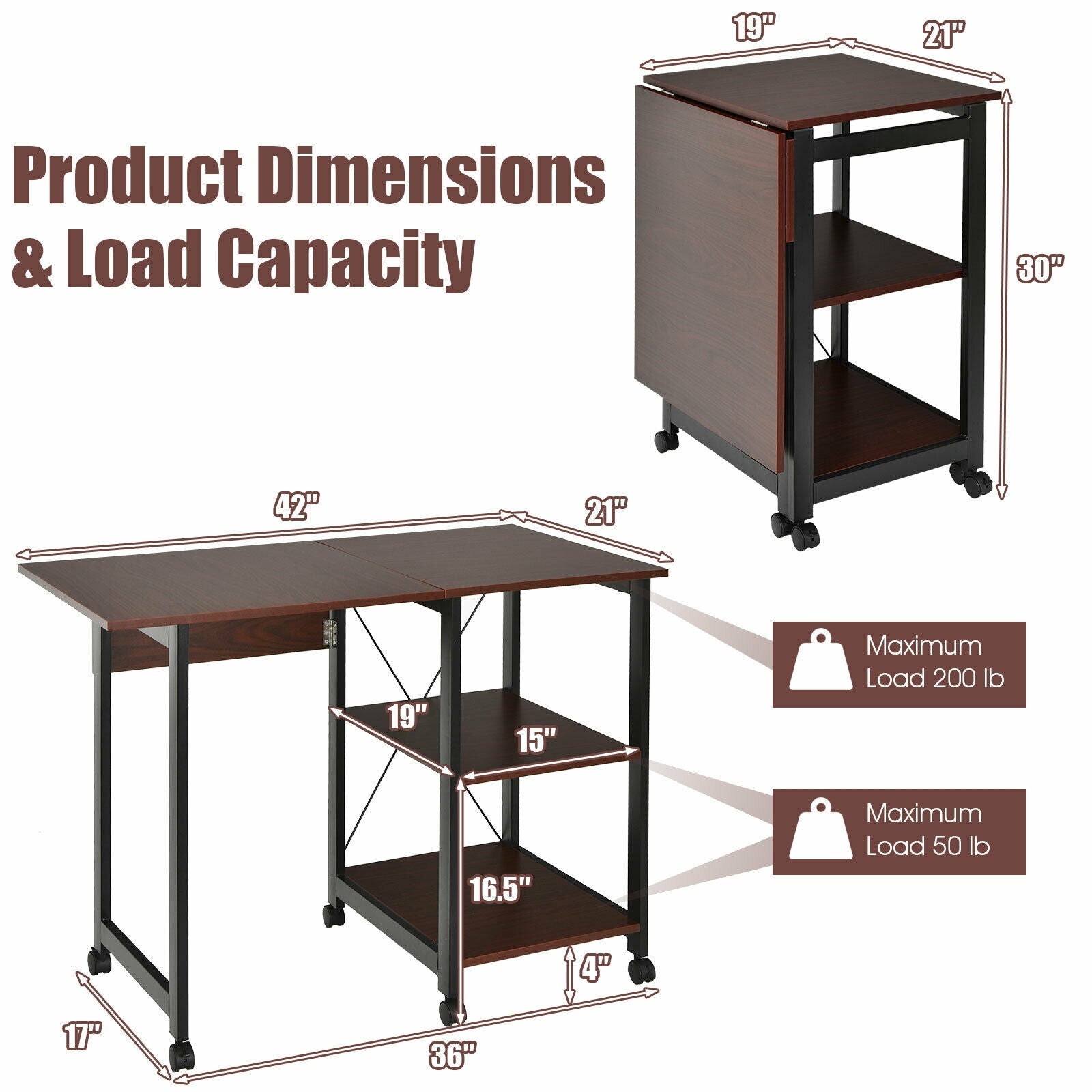 Rolling Folding Computer Desk with Storage Shelves