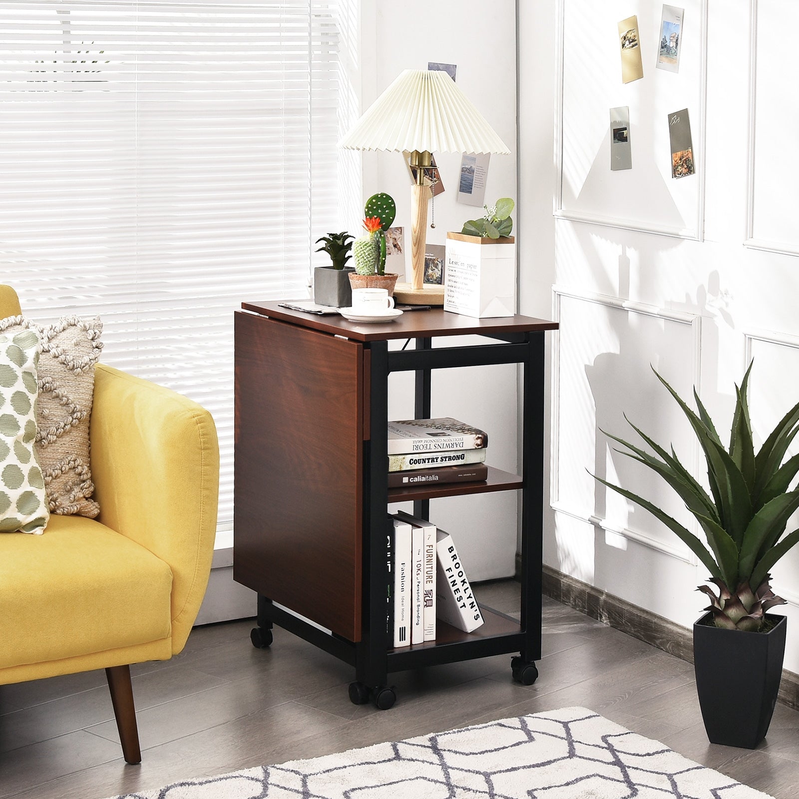 Rolling Folding Computer Desk with Storage Shelves