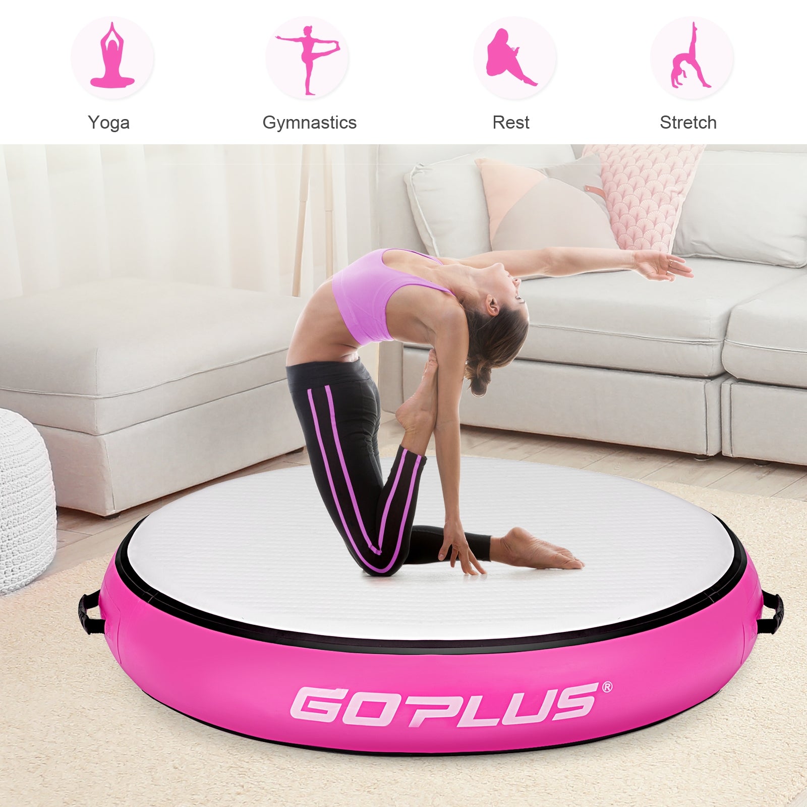 40 Inch Inflatable Round Gymnastic Mat Tumbling Floor Mat with Electric Pump-Pink