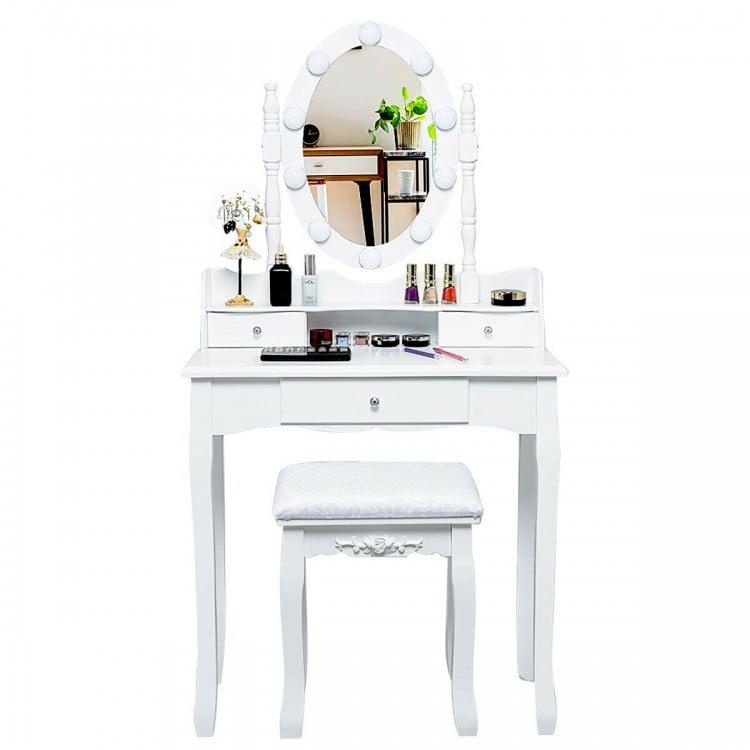 Oval Mirror Vanity Set  with 10 LED Dimmable Bulbs and 3 Drawers-White