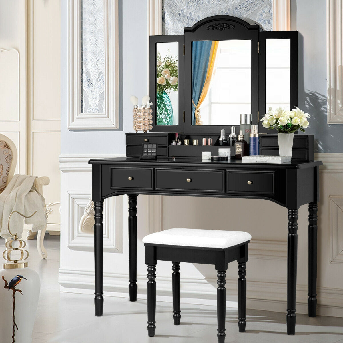 Makeup Dressing Table with Tri-Folding Mirror and Cushioned Stool for Women-BlackÂ 