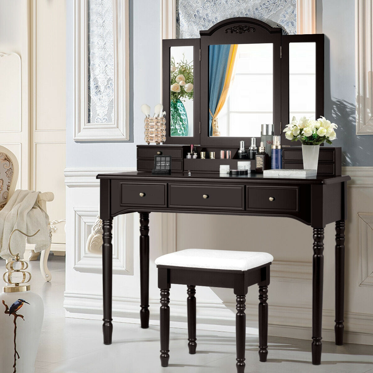 Makeup Dressing Table with Tri-Folding Mirror and Cushioned Stool for Women-BrownÂ 