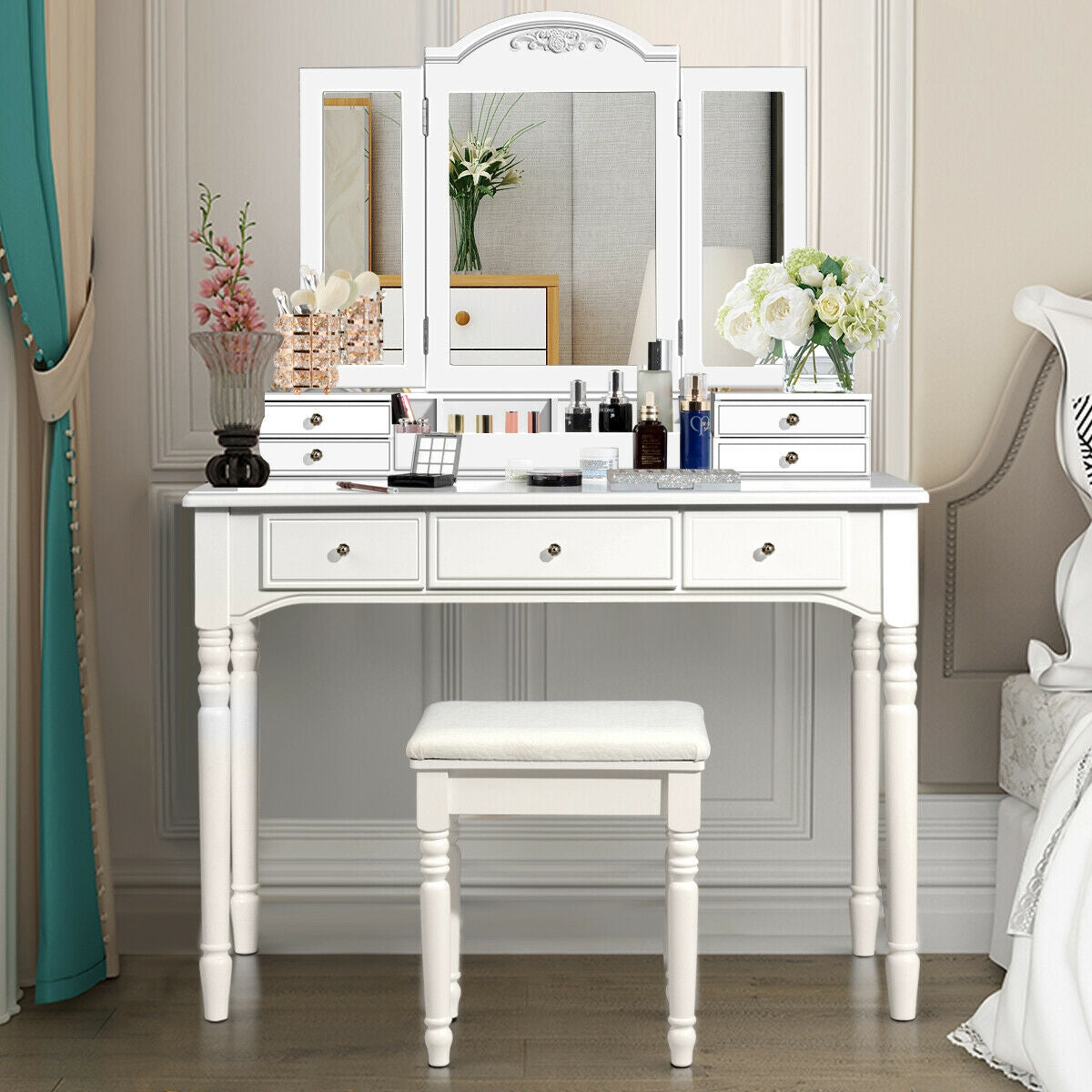 Makeup Dressing Table with Tri-Folding Mirror and Cushioned Stool for Women-WhiteÂ 