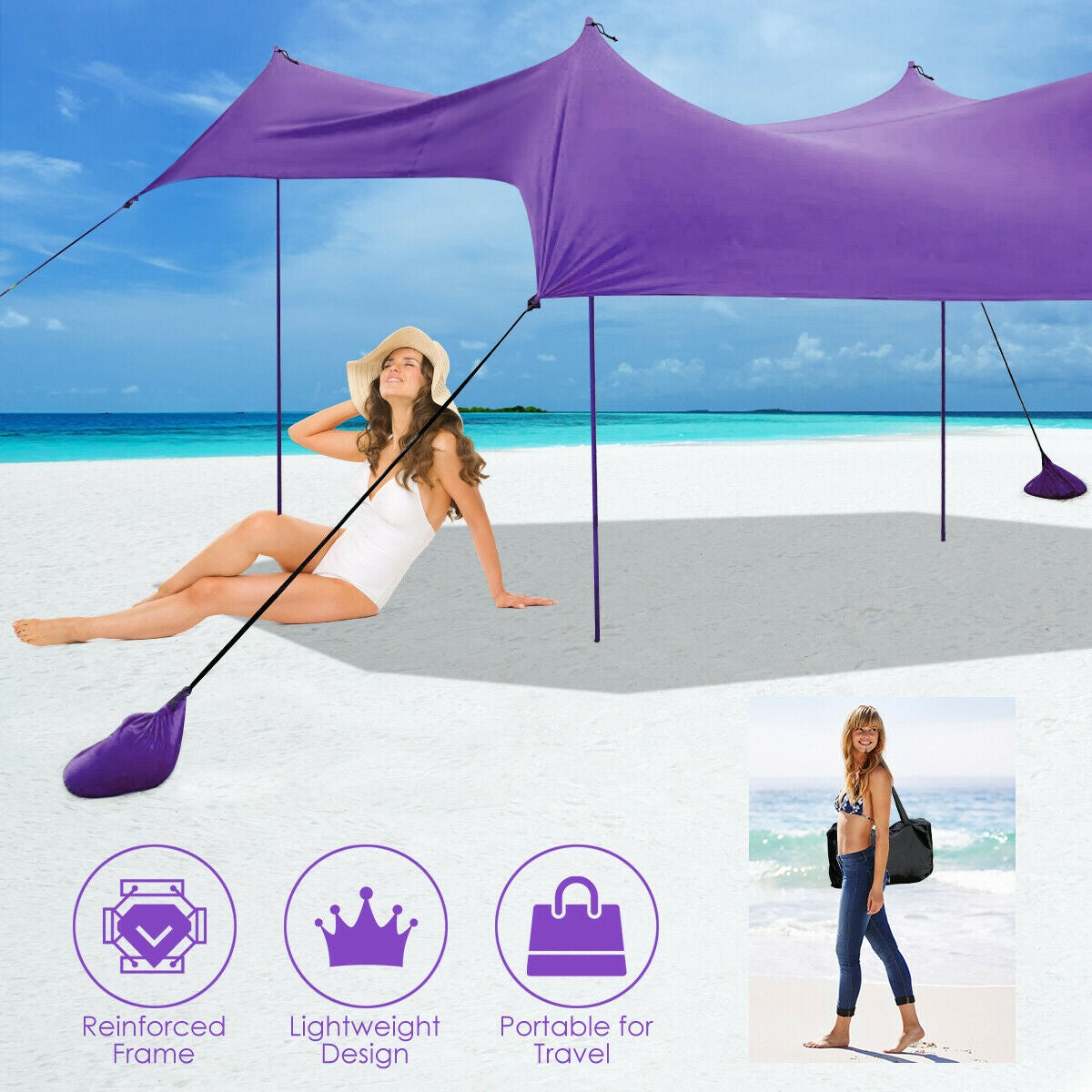 10 Foot Ride 9 Foot Family Beach Tent Canopy Sunshade with 4 Poles-Purple