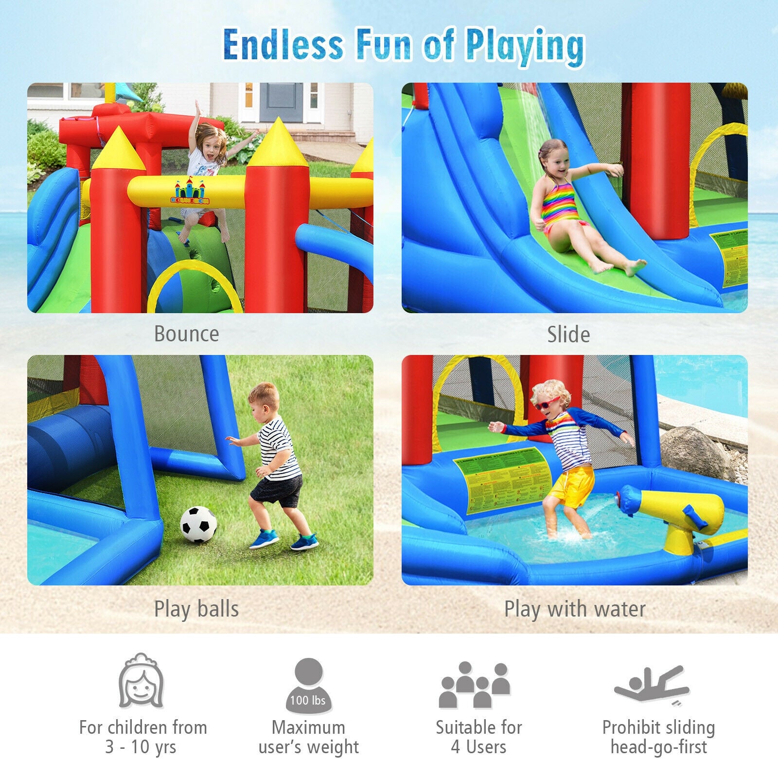 Inflatable Bouncer Bounce House with Water Slide Splash Pool without Blower