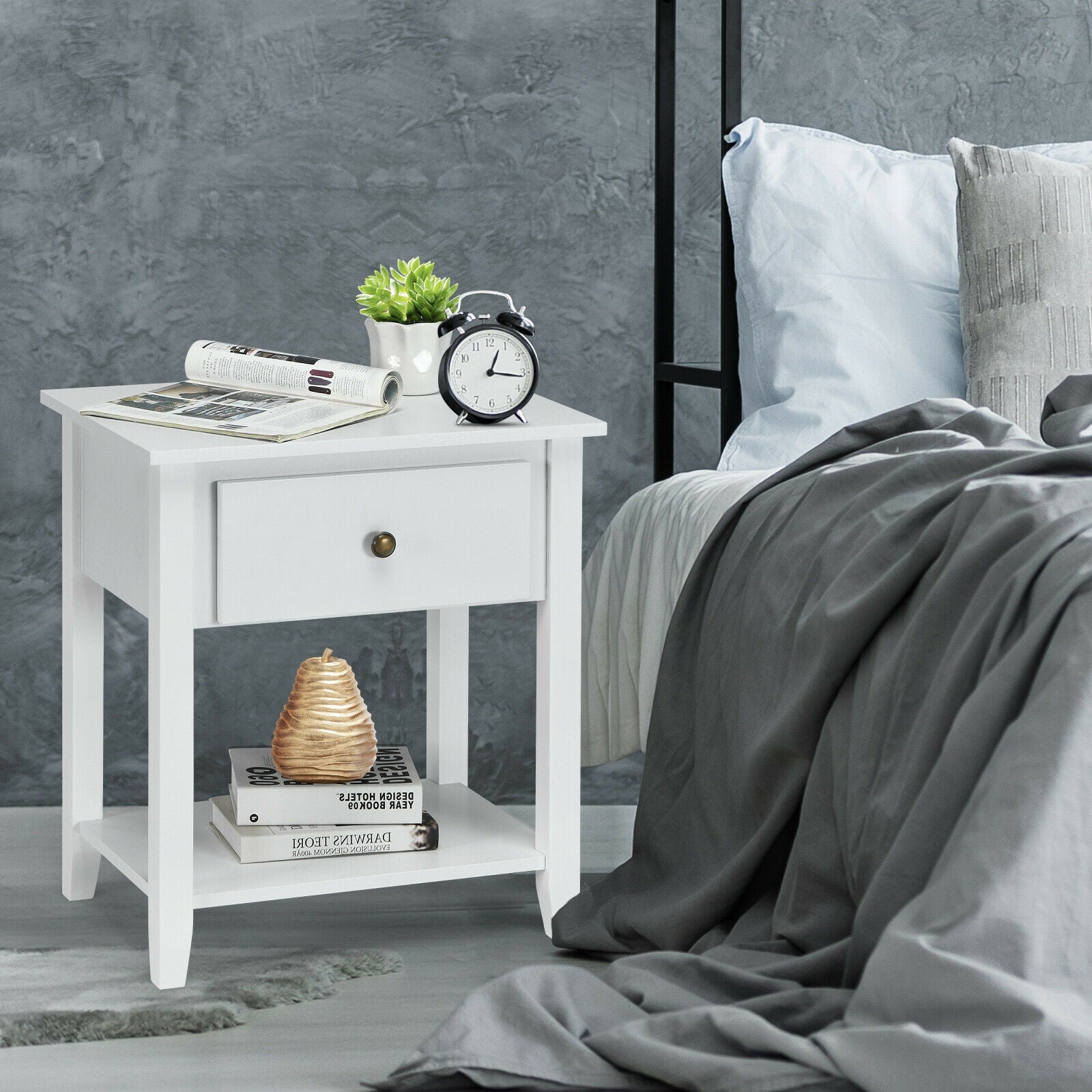 Nightstand with Drawer and Storage Shelf for Bedroom Living Room-White