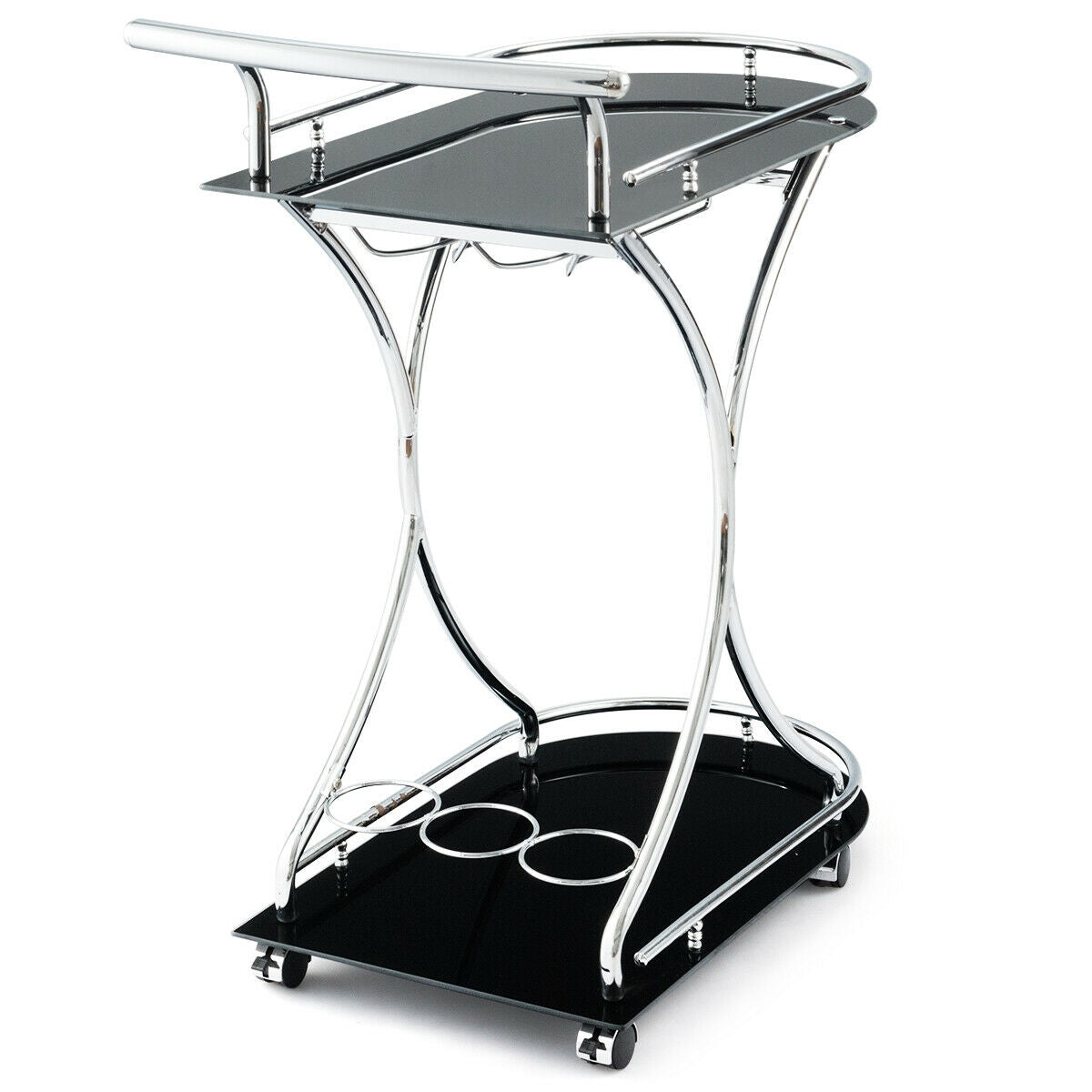 Glass Serving Cart with Metal Frame and 2 Tempered Glass Shelves