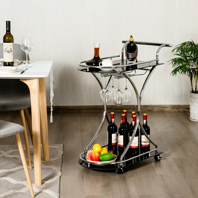 Glass Serving Cart with Metal Frame and 2 Tempered Glass ShelvesÂ 
