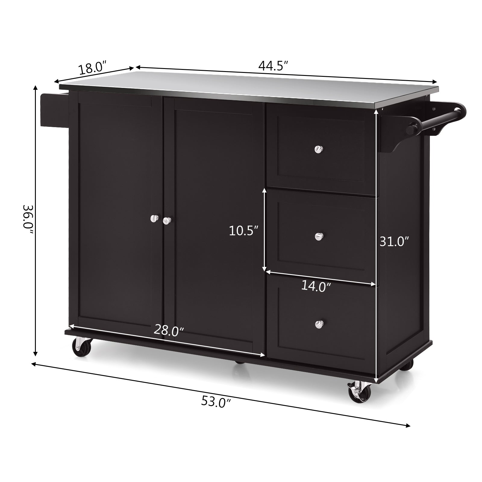 Kitchen Island 2-Door Storage Cabinet with Drawers and Stainless Steel Top-Dark Brown