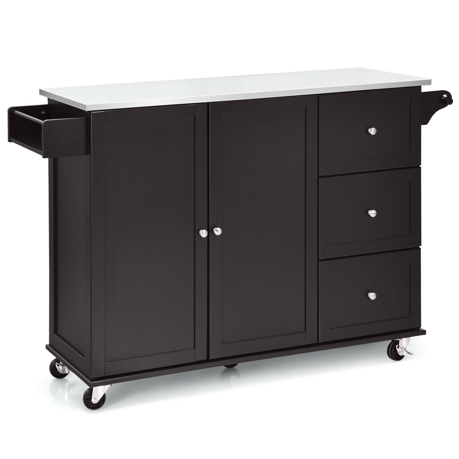 Kitchen Island 2-Door Storage Cabinet with Drawers and Stainless Steel Top-Dark Brown