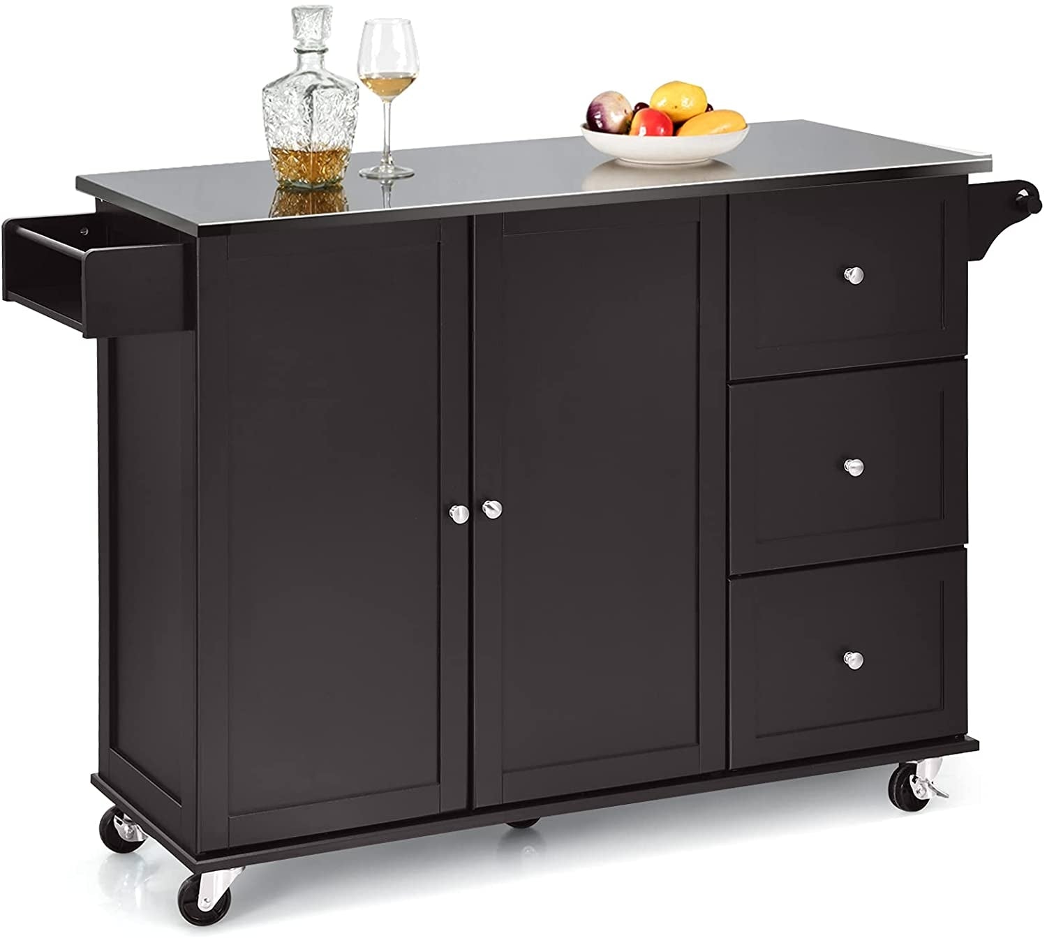 Kitchen Island 2-Door Storage Cabinet with Drawers and Stainless Steel Top-Dark Brown