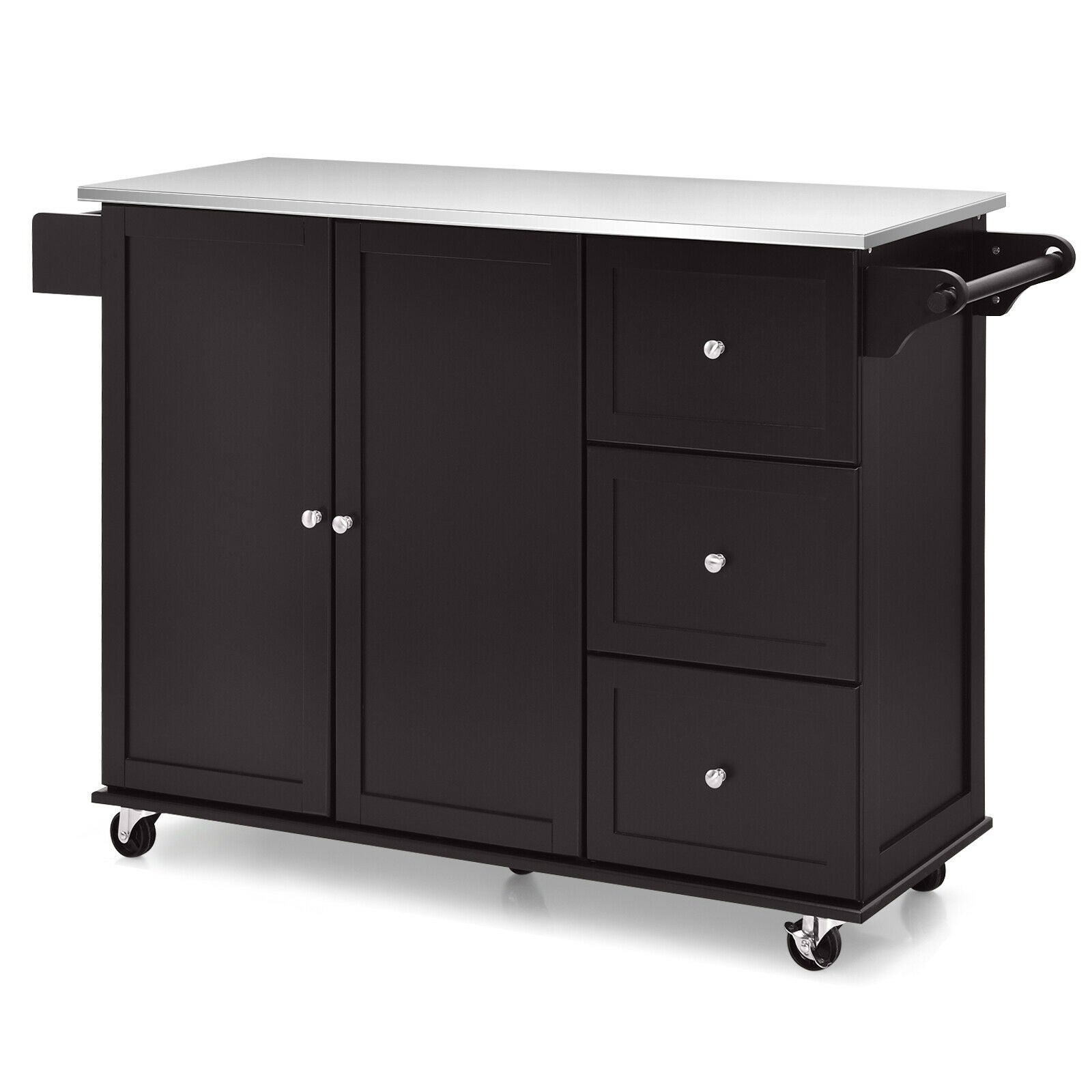 Kitchen Island 2-Door Storage Cabinet with Drawers and Stainless Steel Top-Dark Brown