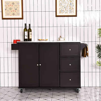 Kitchen Island 2-Door Storage Cabinet with Drawers and Stainless Steel Top-Dark BrownÂ 