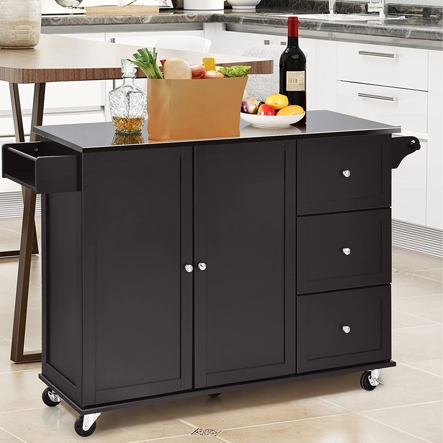 Kitchen Island 2-Door Storage Cabinet with Drawers and Stainless Steel Top-Dark Brown