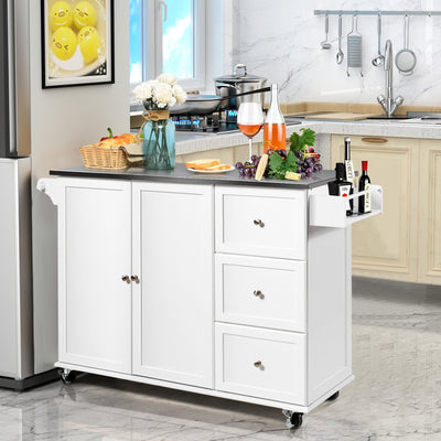 Kitchen Island 2-Door Storage Cabinet with Drawers and Stainless Steel Top-WhiteÂ 