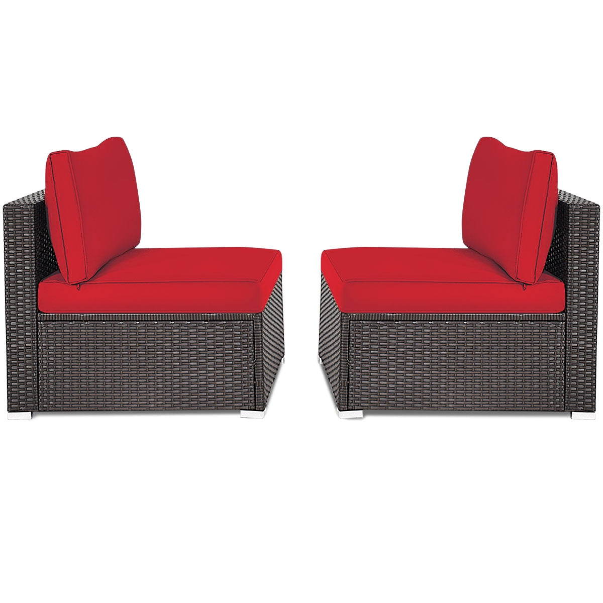 2 Pieces Patio Rattan Armless Sofa Set with 2 Cushions and 2 Pillows-Red