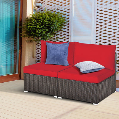 2 Pieces Patio Rattan Armless Sofa Set with 2 Cushions and 2 Pillows-RedÂ 