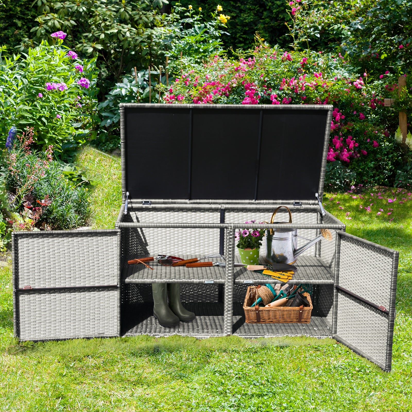 88 Gallon Garden Patio Rattan Storage Container Box-GrayÂ 