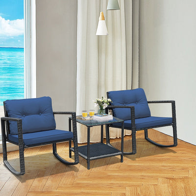 3 Pcs Patio Rattan Set Rocking Chair Cushioned Sofa Garden Furniture-NavyÂ 