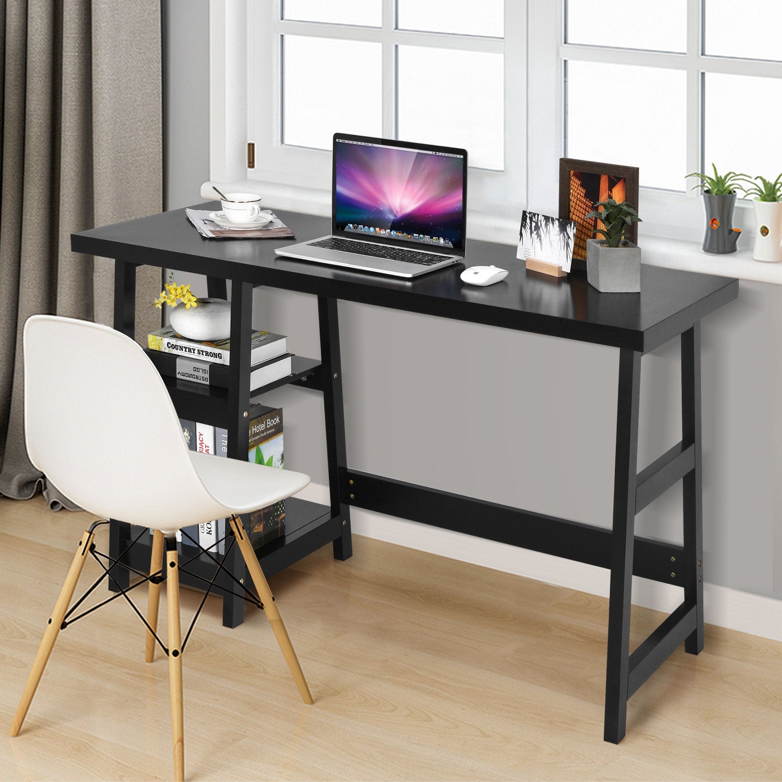 Trestle Computer Desk Home Office Workstation with Removable Shelves-Black