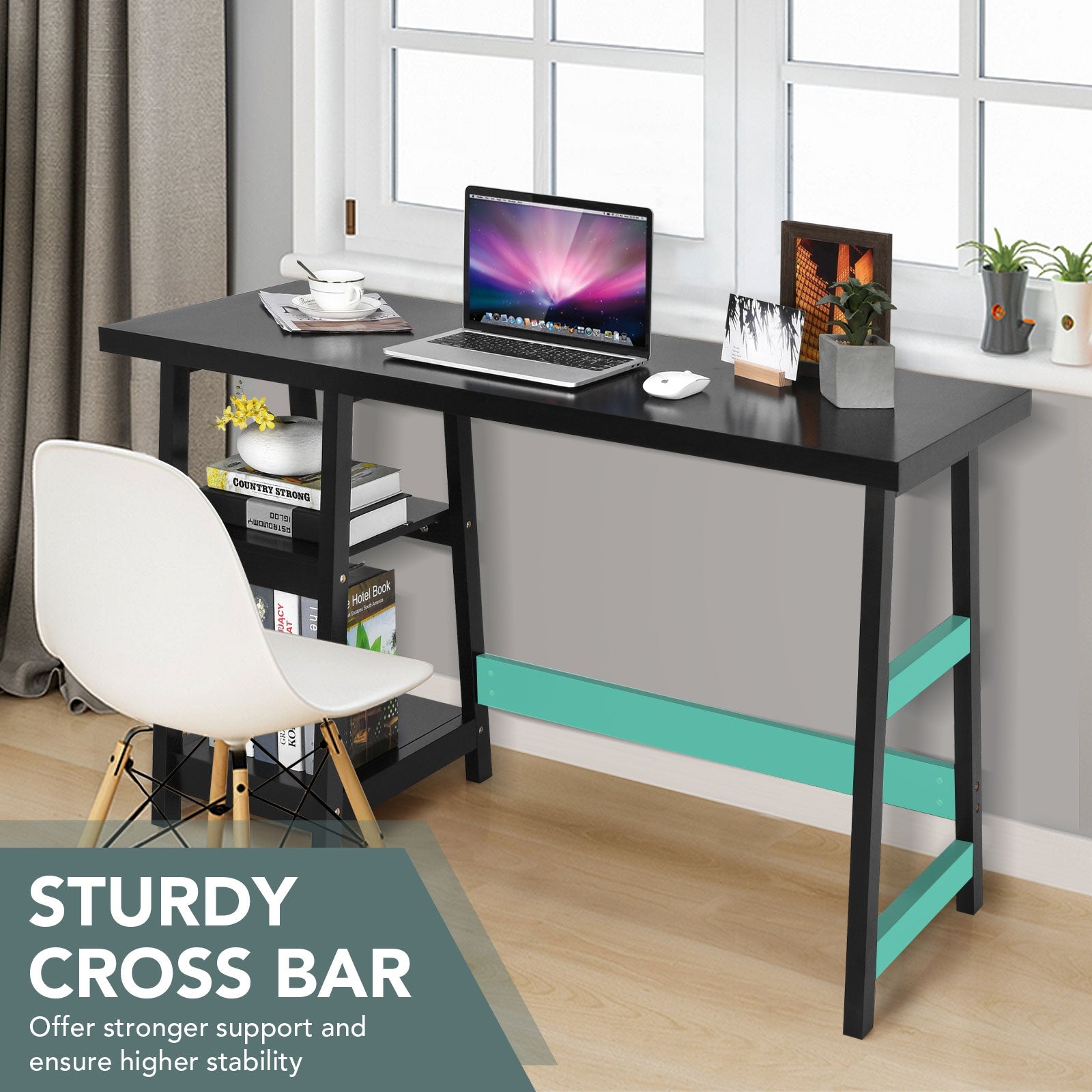 Trestle Computer Desk Home Office Workstation with Removable Shelves-Black