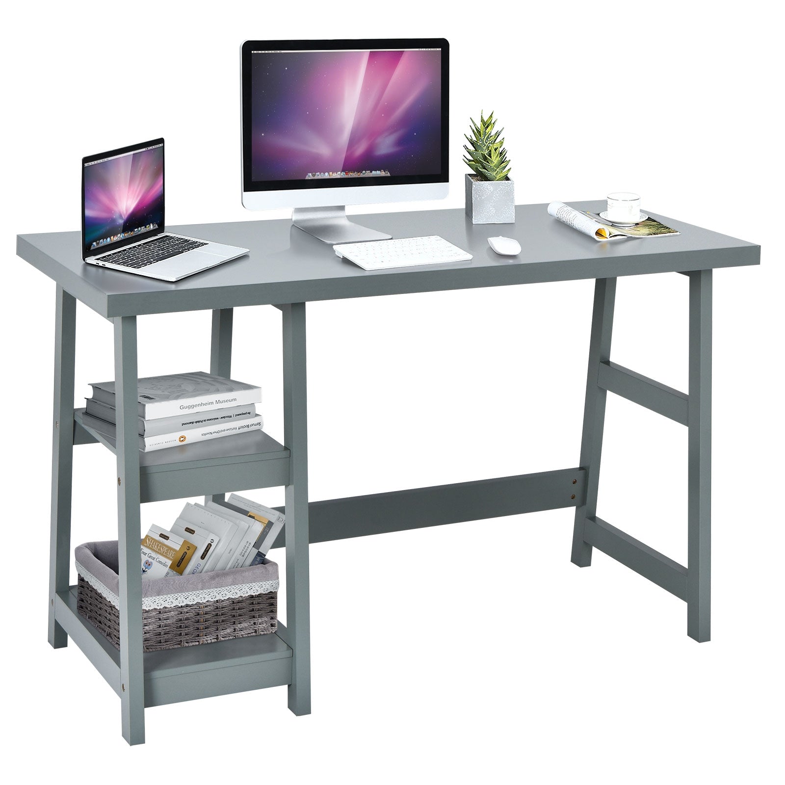 Trestle Computer Desk Home Office Workstation with Removable Shelves-Gray