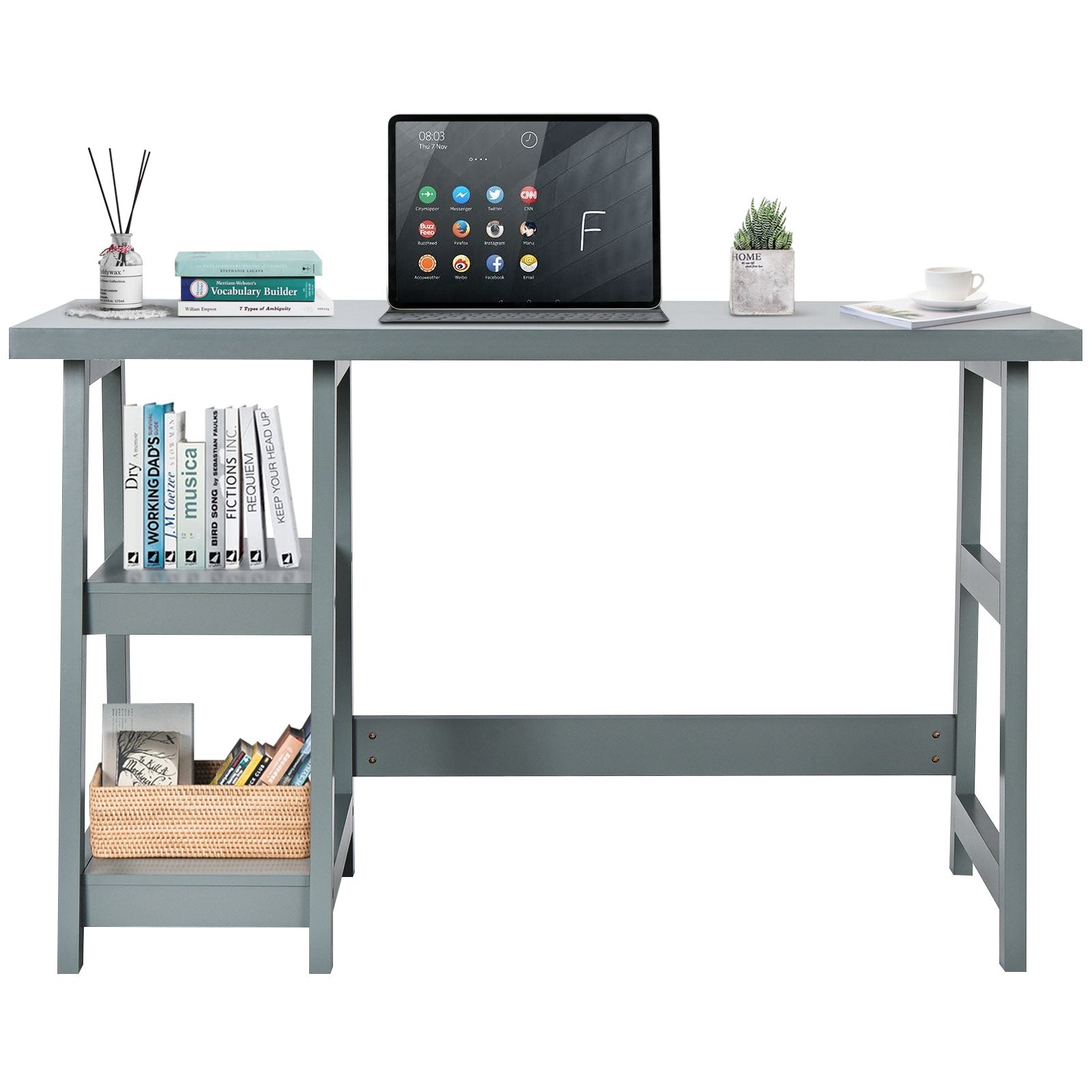 Trestle Computer Desk Home Office Workstation with Removable Shelves-Gray