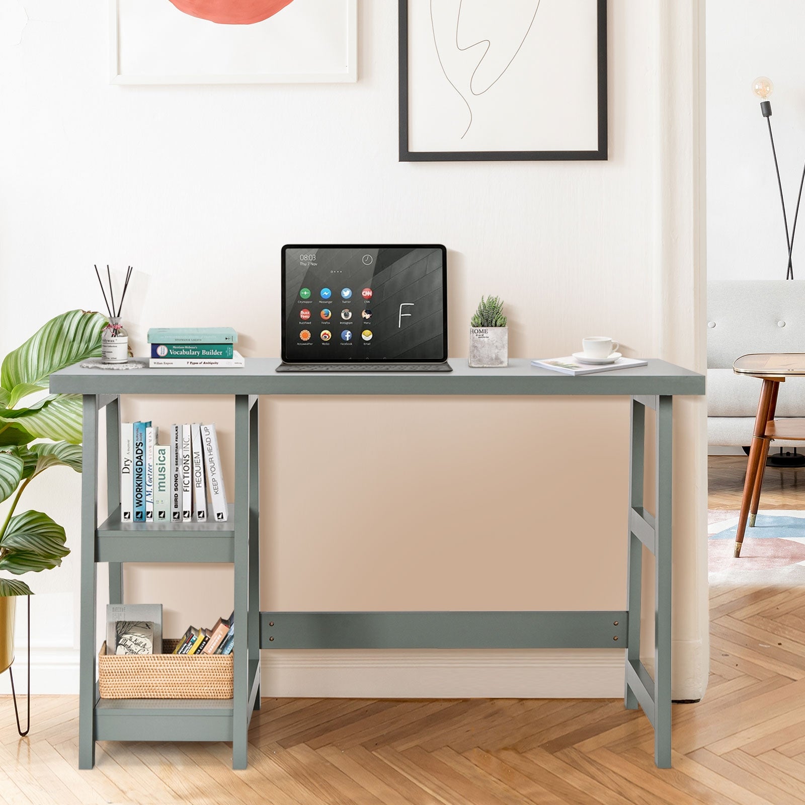 Trestle Computer Desk Home Office Workstation with Removable Shelves-Gray