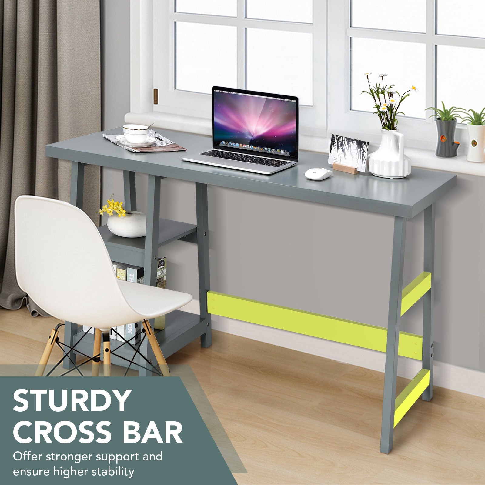 Trestle Computer Desk Home Office Workstation with Removable Shelves-Gray